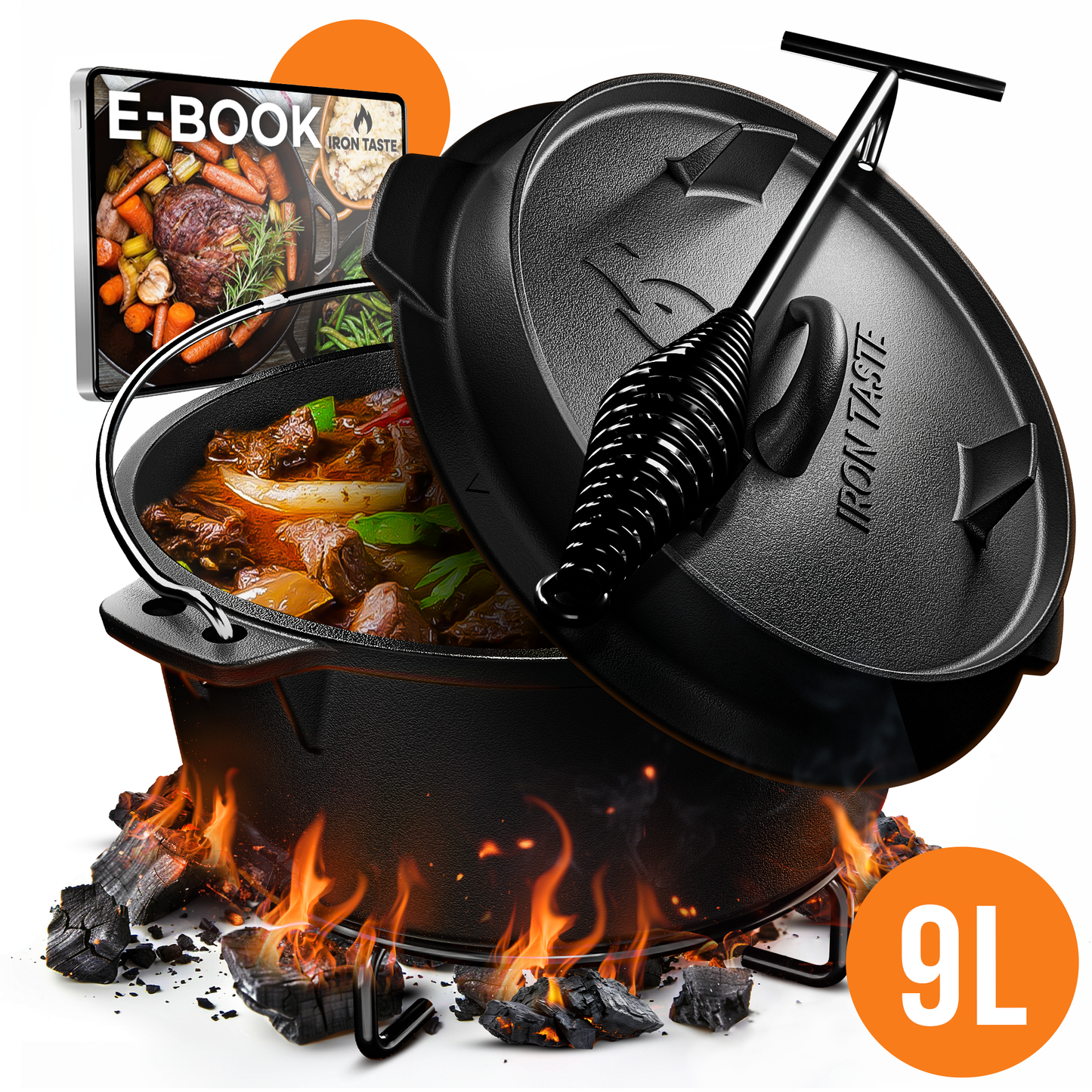 IRON TASTE Dutch Oven Set 9L - Feuertopf Gusseiserner Topf mit praktischem Deckelheber & Edelstahl Untersetzer