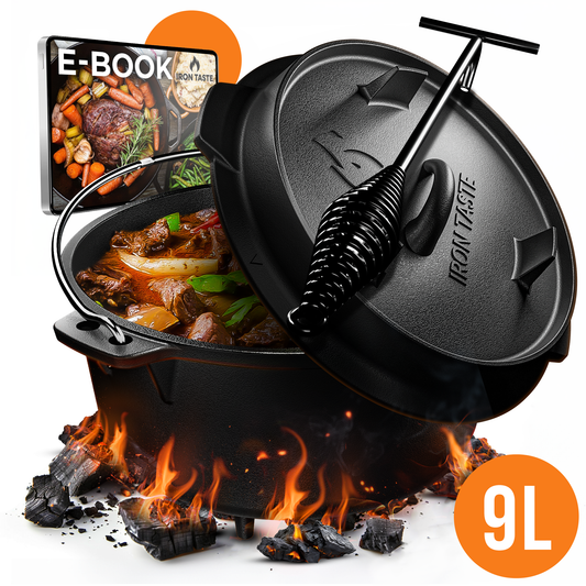 IRON TASTE Dutch Oven Set 9L - Feuertopf Gusseiserner Topf mit Füßen & mit praktischem Deckelheber