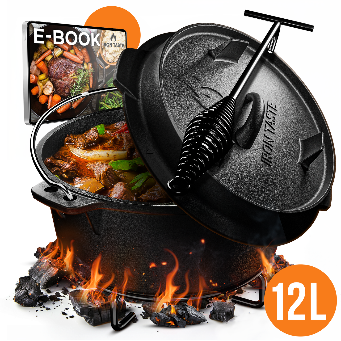 IRON TASTE Dutch Oven Set 12L - Feuertopf Gusseiserner Topf mit praktischem Deckelheber & Edelstahl Untersetzer
