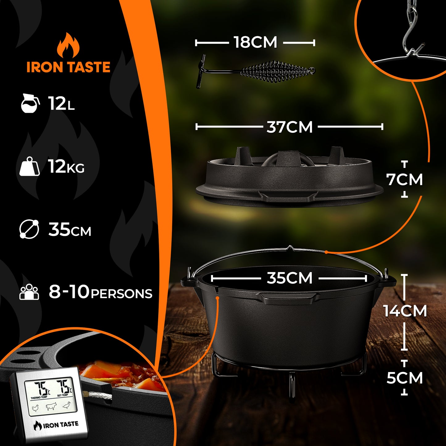 IRON TASTE Dutch Oven Set 12L - Feuertopf Gusseiserner Topf mit praktischem Deckelheber & Edelstahl Untersetzer