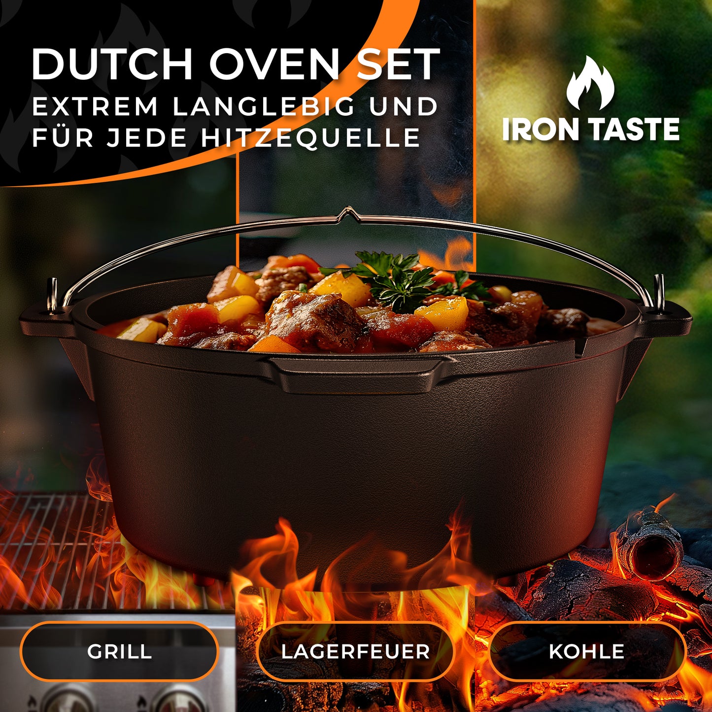 IRON TASTE Dutch Oven Set 4.5L - Feuertopf Gusseiserner Topf mit Füßen & mit praktischem Deckelheber