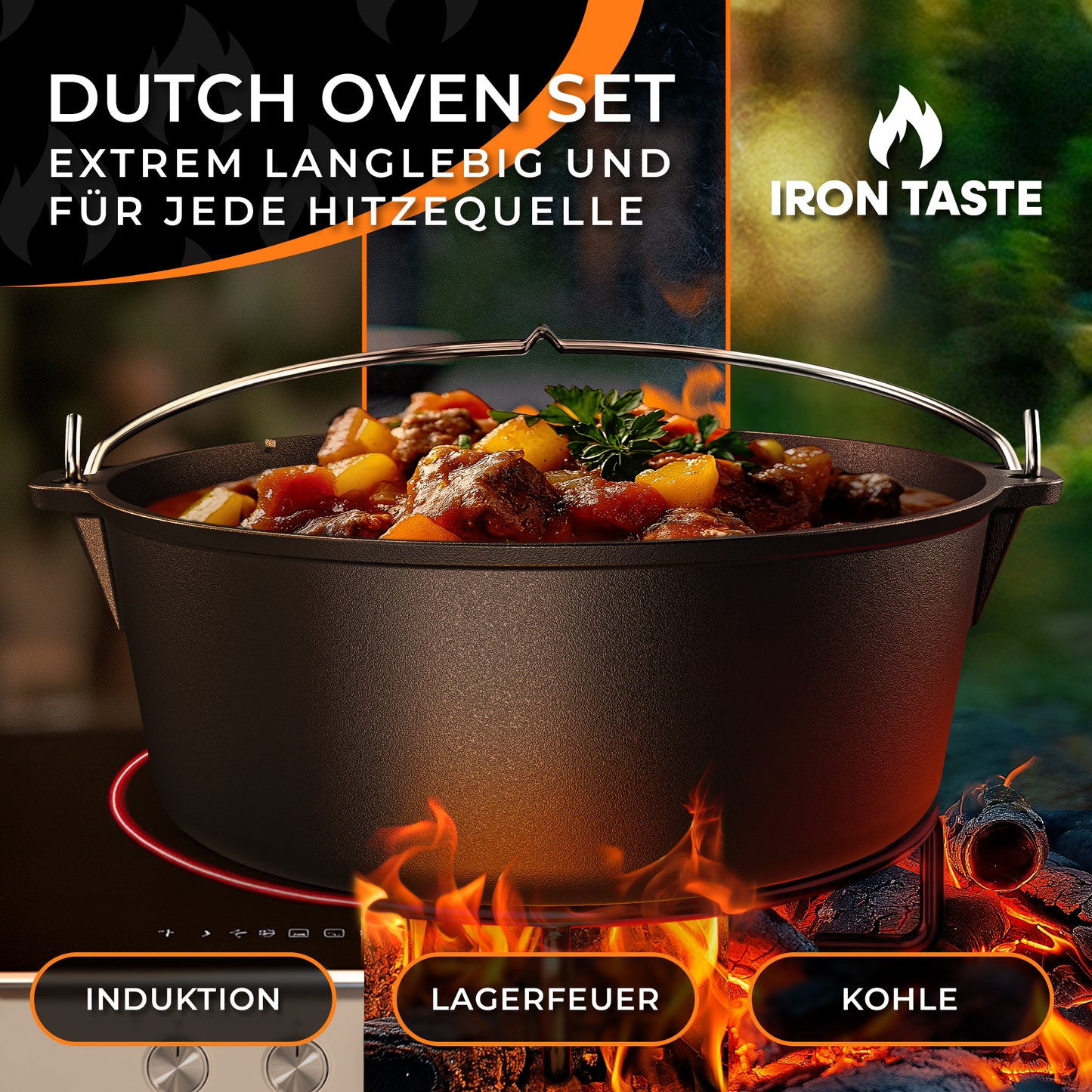 IRON TASTE Dutch Oven Set 12L - Feuertopf Gusseiserner Topf mit praktischem Deckelheber & Edelstahl Untersetzer