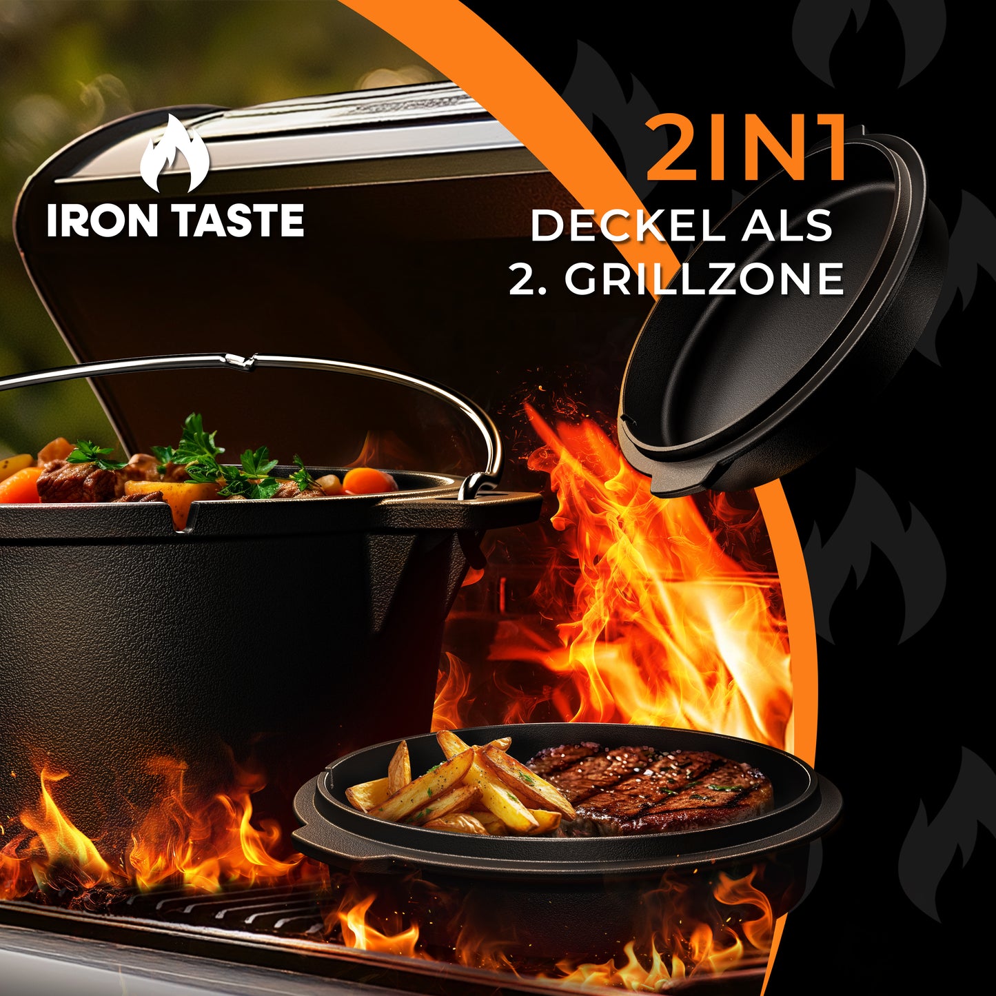 IRON TASTE Dutch Oven Set 12L - Feuertopf Gusseiserner Topf mit praktischem Deckelheber & Edelstahl Untersetzer