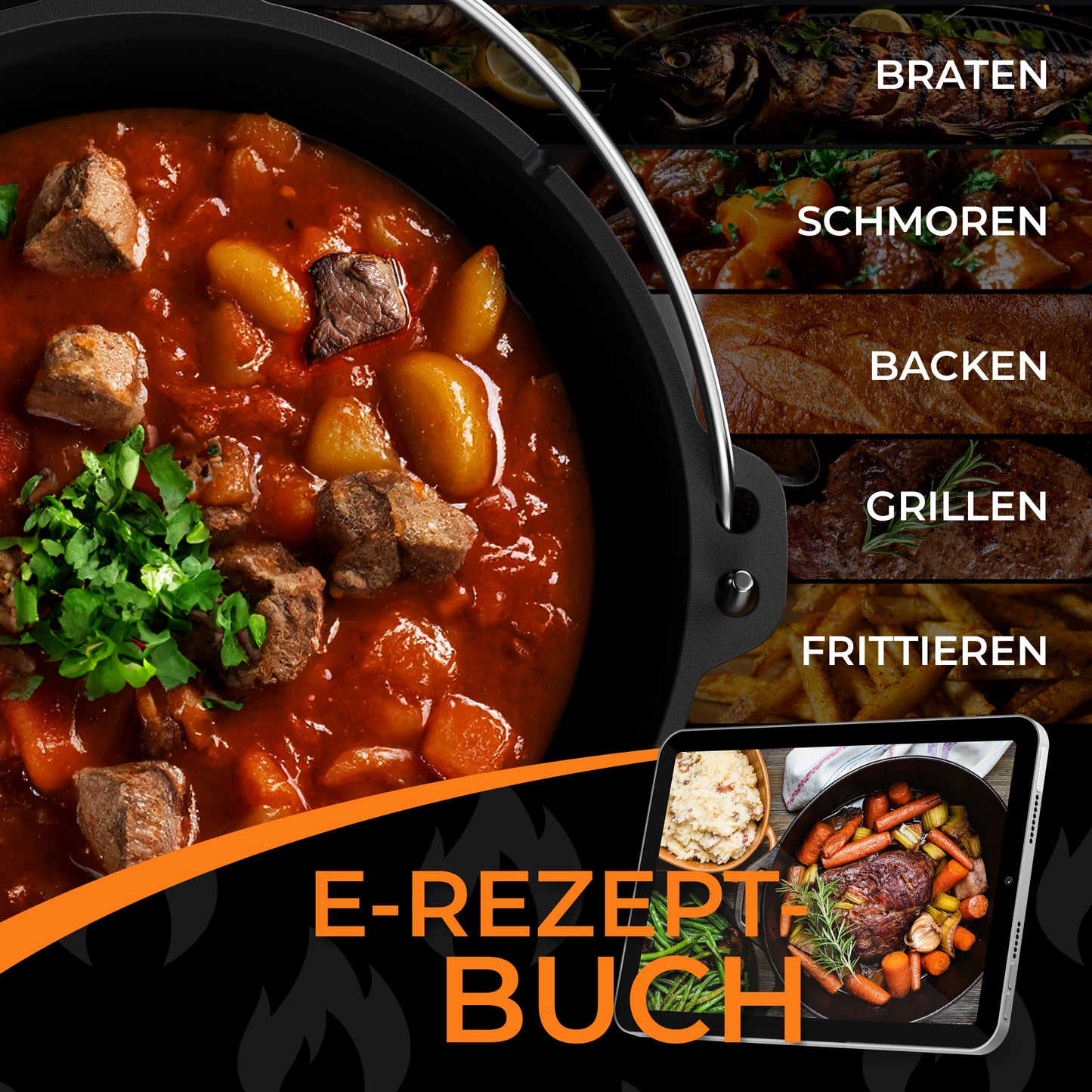 IRON TASTE Dutch Oven Set 12L - Feuertopf Gusseiserner Topf mit praktischem Deckelheber & Edelstahl Untersetzer