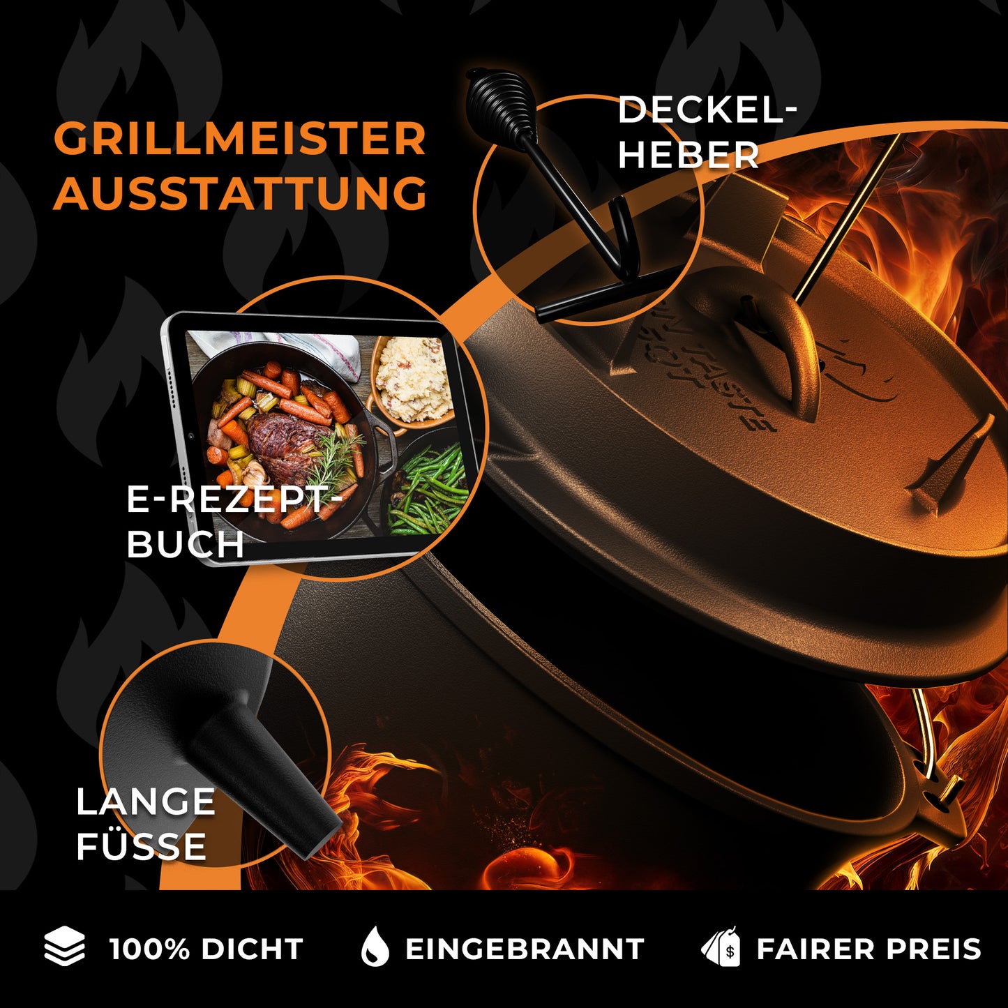 IRON TASTE Dutch Oven Set 4.5L - Feuertopf Gusseiserner Topf mit Füßen & mit praktischem Deckelheber