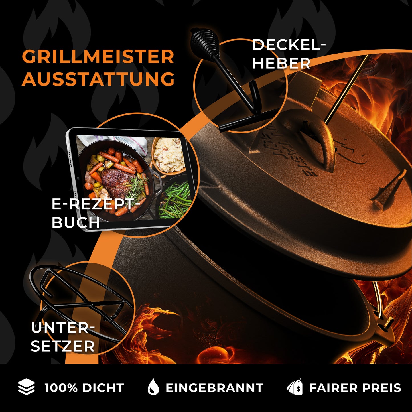 IRON TASTE Dutch Oven Set 12L - Feuertopf Gusseiserner Topf mit praktischem Deckelheber & Edelstahl Untersetzer