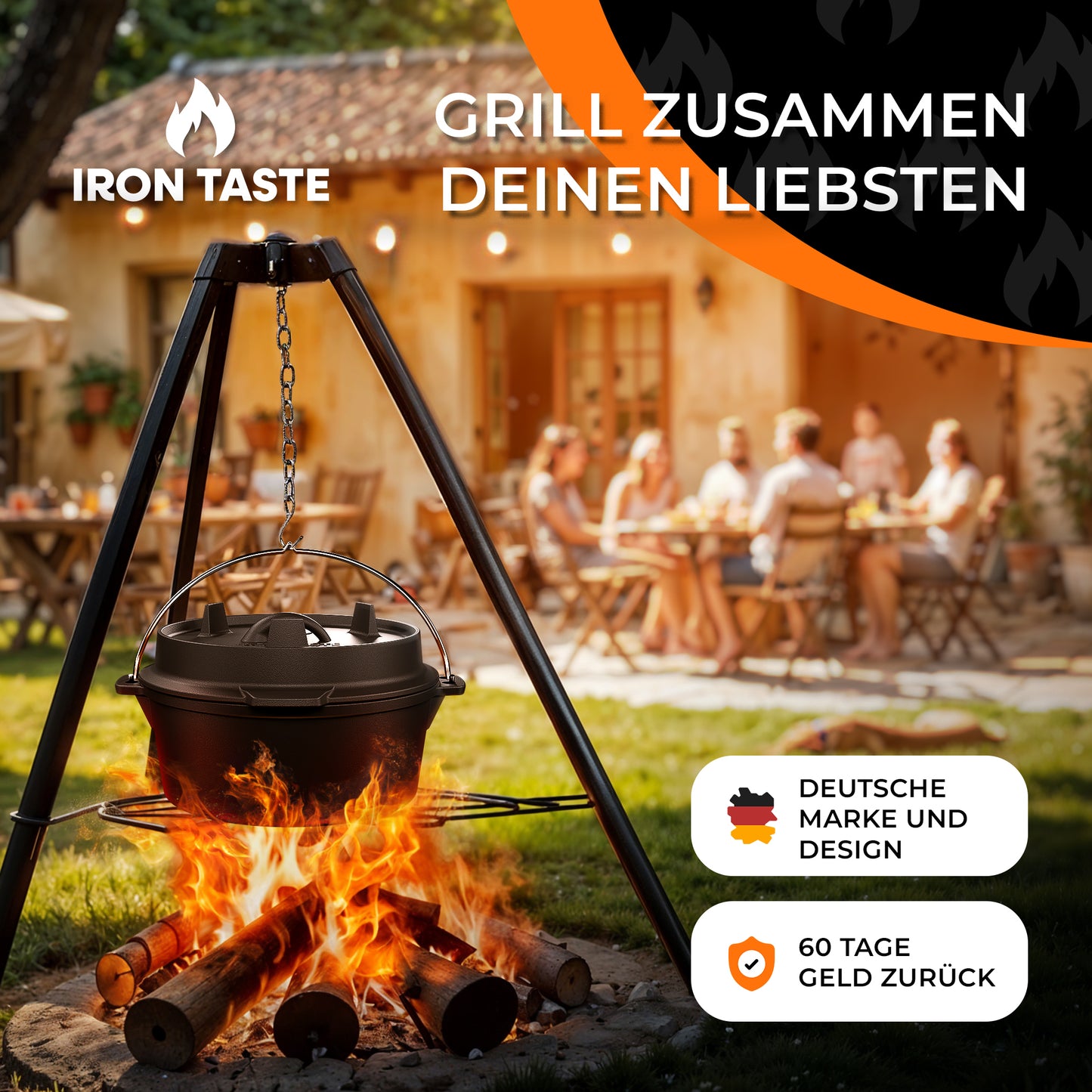 IRON TASTE Dutch Oven Set 12L - Feuertopf Gusseiserner Topf mit praktischem Deckelheber & Edelstahl Untersetzer