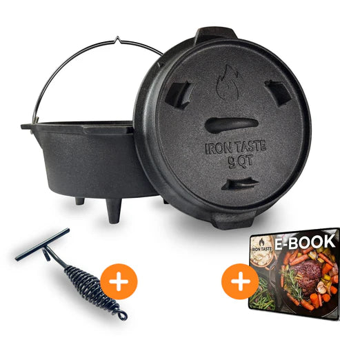 IRON TASTE Dutch Oven 9 Liter aus Gusseisen – bereits eingebrannt – mit Deckelheber