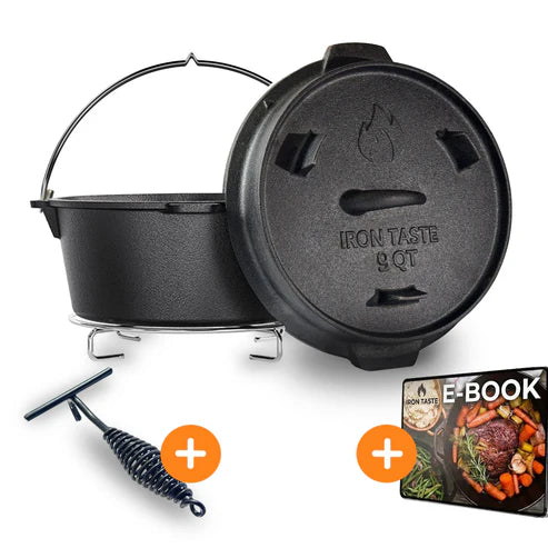 IRON TASTE Dutch Oven 9 Liter aus Gusseisen – bereits eingebrannt – mit Deckelheber & Untersetzer 